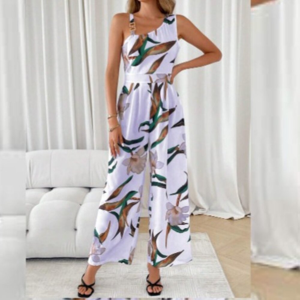 SHEIN LUNE Women's Floral Printed Asymmetrical Neckline Sleeveless Jumpsuit